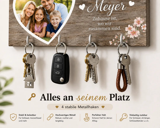 Schlüsselbrett mit vier stabilen Metallhaken für Schlüssel und Autoschlüssel