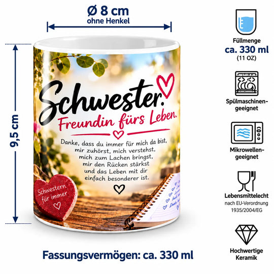 Keramiktasse mit Maßangaben: ca. 9,5 cm Höhe, 8 cm Durchmesser ohne Henkel und 330 ml Fassungsvermögen