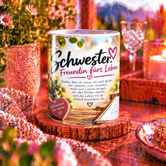 Weiße Schwester-Tasse mit der Botschaft „Schwester. Freundin fürs Leben.“ und farbenfrohem Motiv