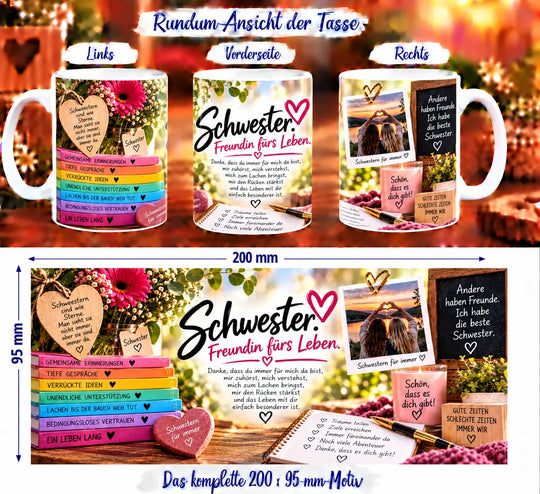 Rundumansicht der Schwester-Tasse mit bunten Büchern, Blumen, Herzen und liebevollen Schwestern-Botschaften