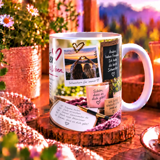 Seitenansicht der weißen Keramiktasse mit Schwestern-Motiv und weißem Henkel