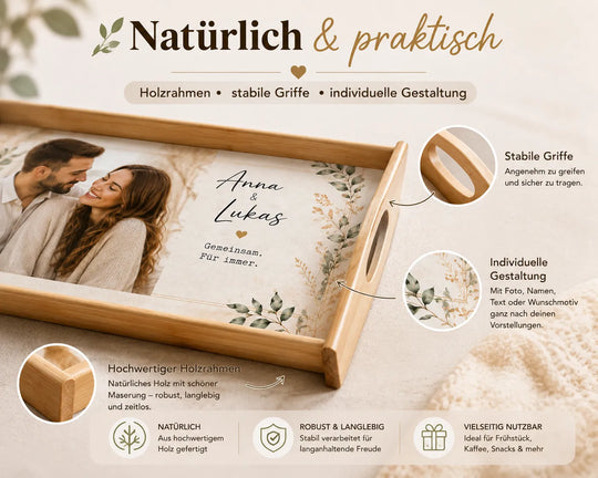 Personalisiertes Serviertablett mit Holzrahmen und stabilen seitlichen Griffen