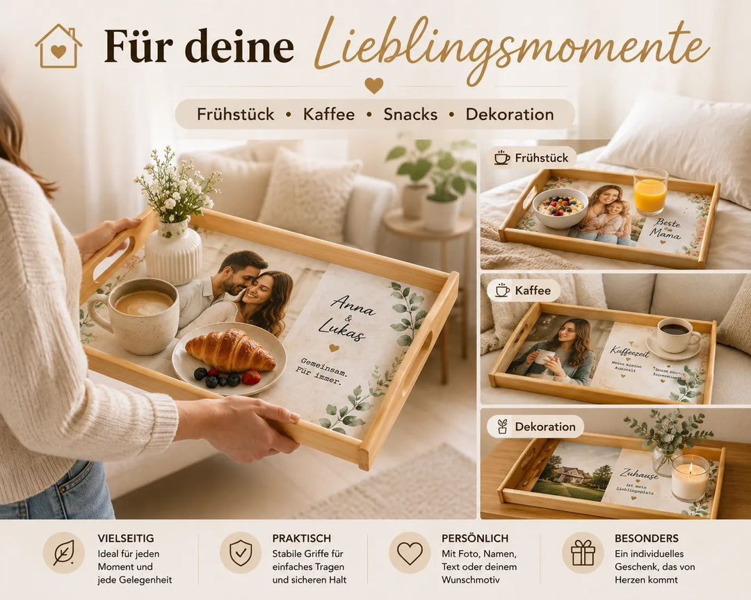 Personalisiertes Holztablett für Frühstück, Kaffee, Snacks und Dekoration