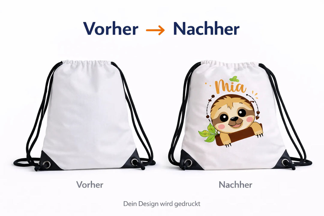 Sportbeutel vor und nach der Personalisierung mit Name und Motiv