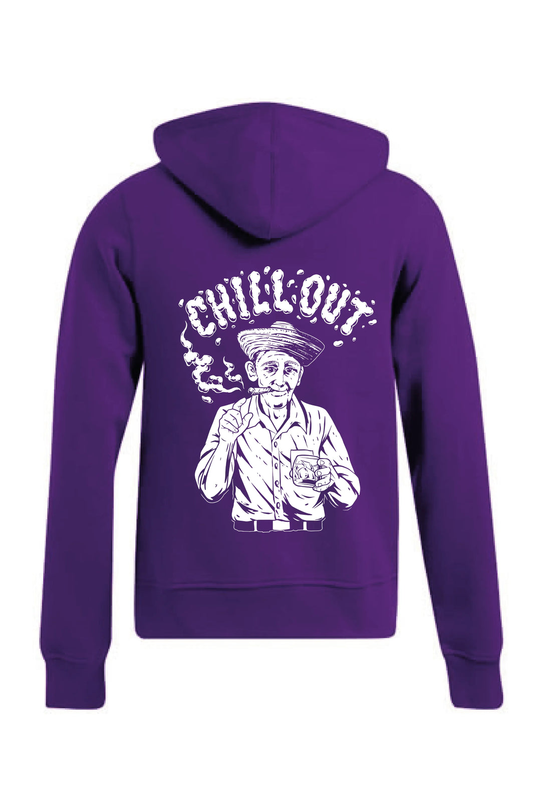 Lila Herren Sweatjacke Chillout mit handgedrucktem Kuba-Siebdruck auf der Rückseite, freigestelltes Produktbild