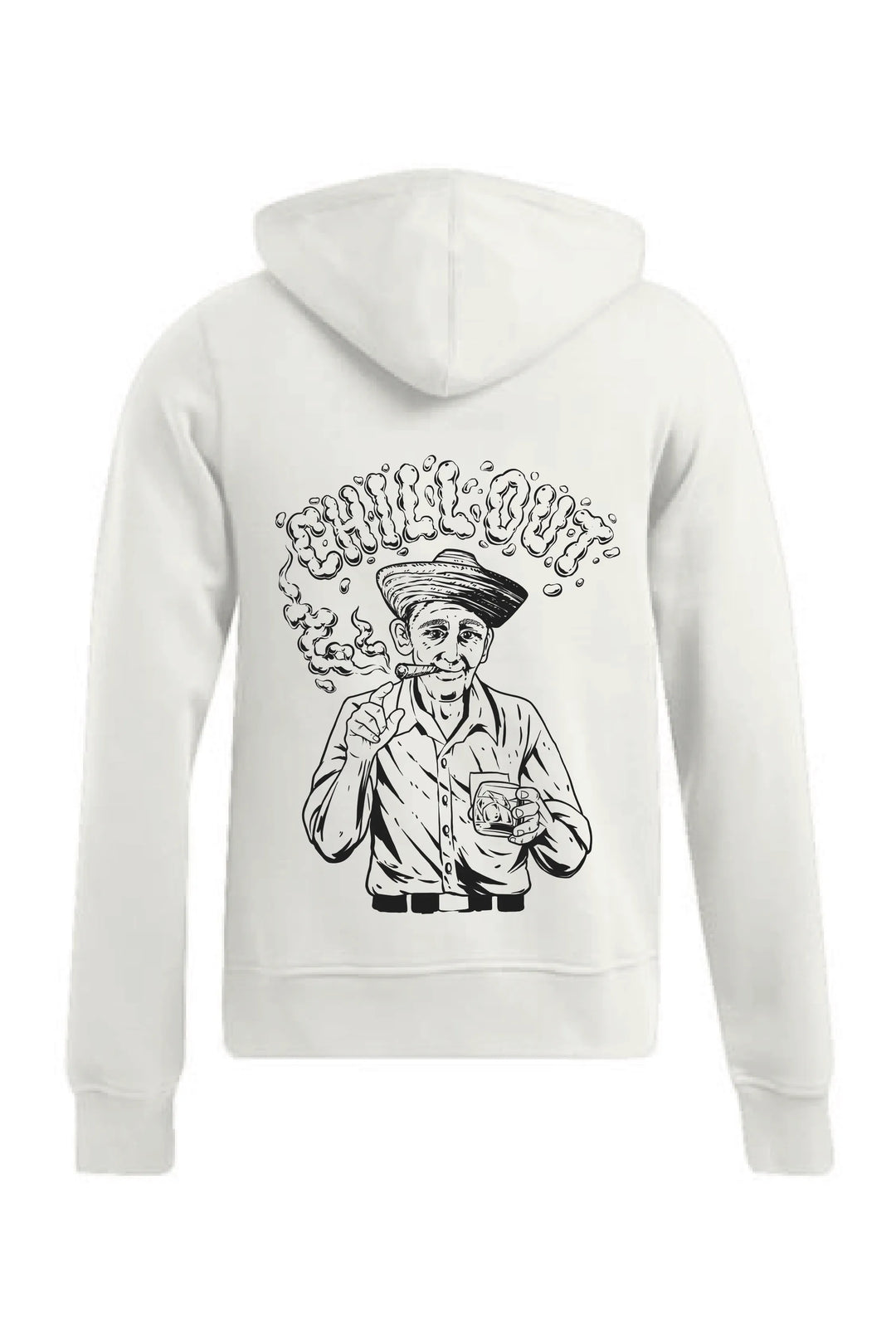 Weiße Herren Sweatjacke Chillout mit handgefertigtem Siebdruck im Kuba-Stil auf der Rückseite