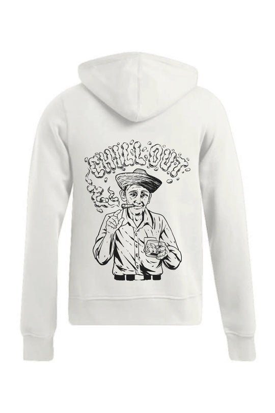 Weiße Herren Sweatjacke Chillout mit handgefertigtem Siebdruck im Kuba-Stil auf der Rückseite