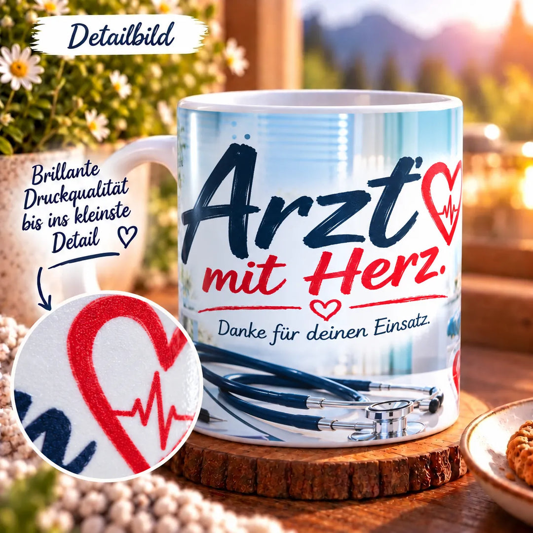 Nahaufnahme der Aufschrift „Arzt mit Herz – Danke für deinen Einsatz“ mit vergrößertem Ausschnitt des roten Herzens
