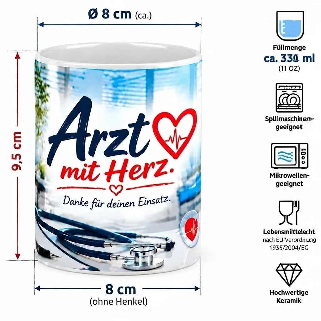 Maße der Keramiktasse „Arzt mit Herz“: ca. 9,5 cm Höhe, 8 cm Durchmesser und 330 ml Fassungsvermögen; spülmaschinen- und mikrowellengeeignet