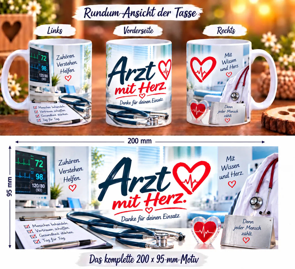 Tasse „Arzt mit Herz“ aus drei Perspektiven sowie das vollständige Druckmotiv mit Praxisillustration, Stethoskop und Sprüchen