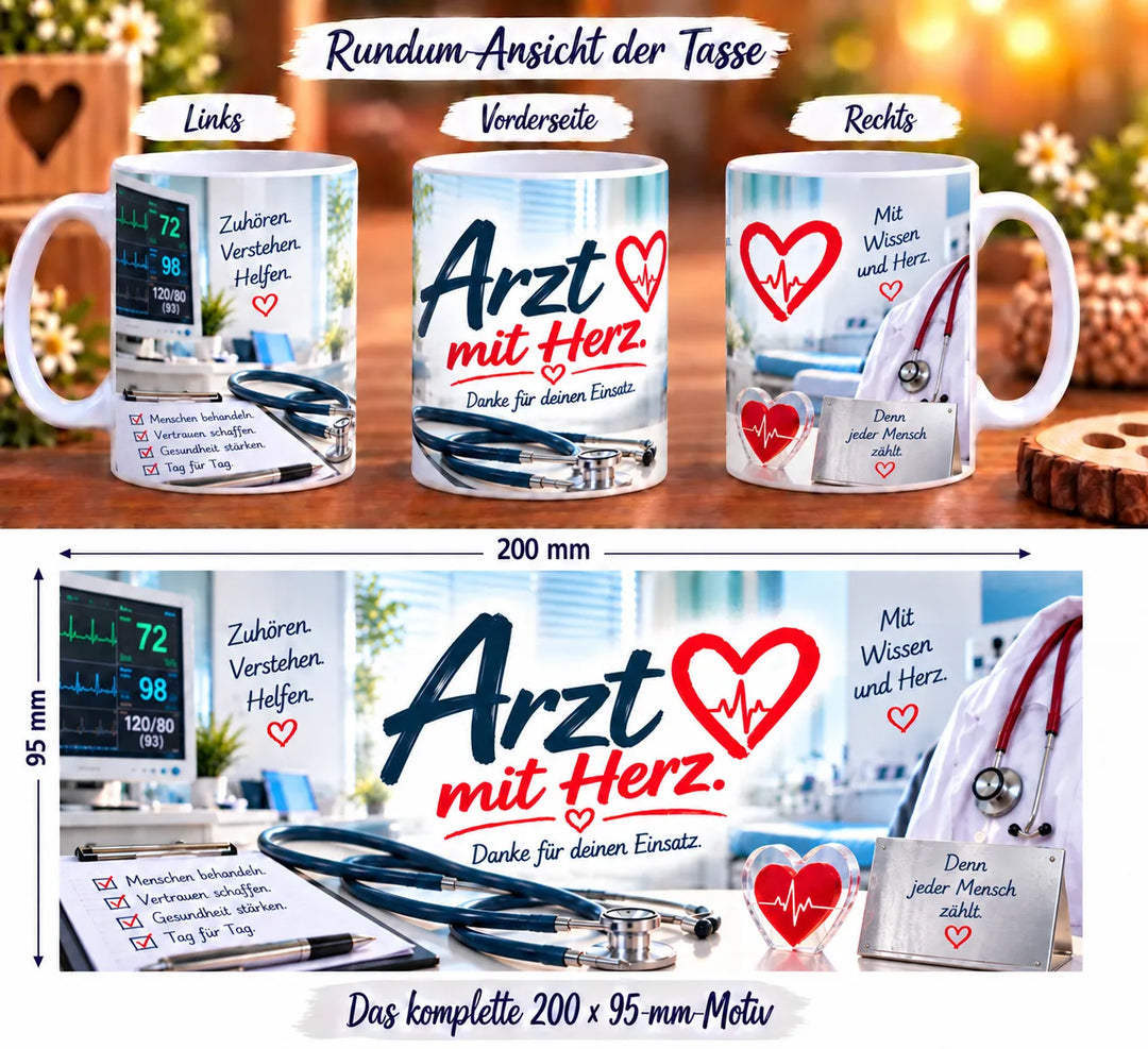 Tasse „Arzt mit Herz“ aus drei Perspektiven sowie das vollständige Druckmotiv mit Praxisillustration, Stethoskop und Sprüchen