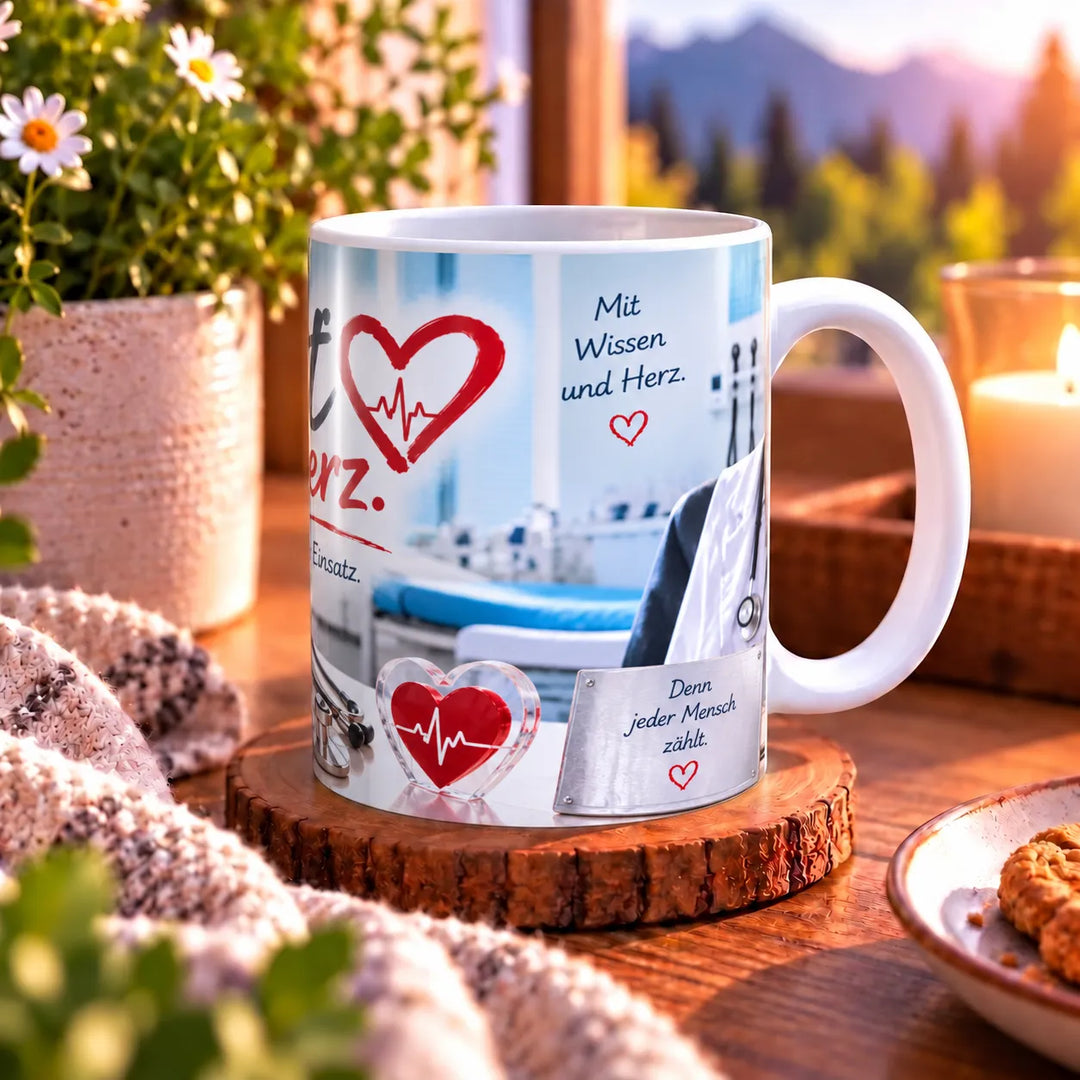 Seitenansicht der Tasse „Arzt mit Herz“ mit weißem Henkel, roten Herzen und Spruch „Mit Wissen und Herz“