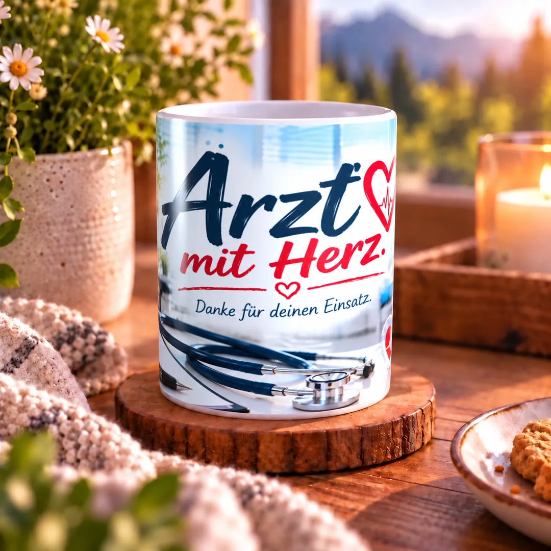 Vorderansicht der Tasse „Arzt mit Herz“ mit Stethoskop, rotem Herz und Aufschrift „Danke für deinen Einsatz“