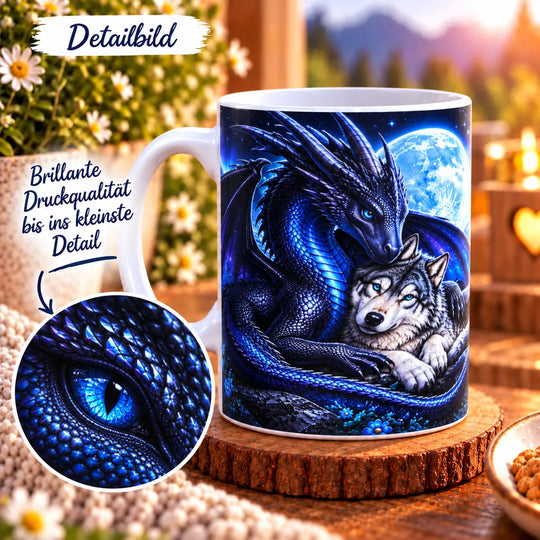 Nahaufnahme des Drachen- und Wolfmotivs mit vergrößertem Ausschnitt des blauen Drachenauges