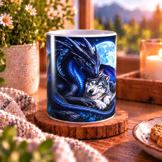 Keramiktasse mit blau-violettem Drachen und grau-weißem Wolf vor einem leuchtenden Vollmond