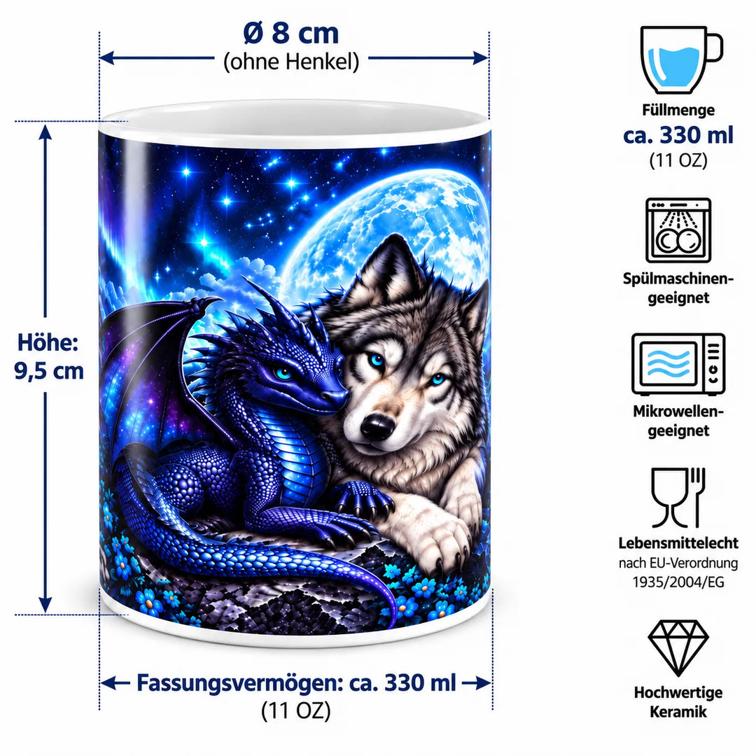 Maßübersicht der Fantasy-Keramiktasse: ca. 9,5 cm Höhe, 8 cm Durchmesser und 330 ml Fassungsvermögen