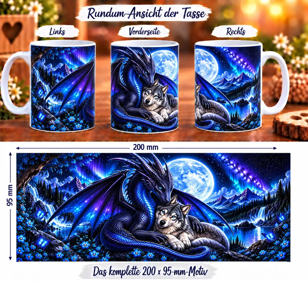 Fantasy-Tasse aus drei Perspektiven und vollständiges Druckmotiv mit Drache, Wolf und nächtlicher Landschaft