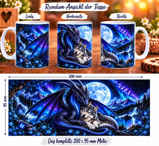 Fantasy-Tasse aus drei Perspektiven und vollständiges Druckmotiv mit Drache, Wolf und nächtlicher Landschaft