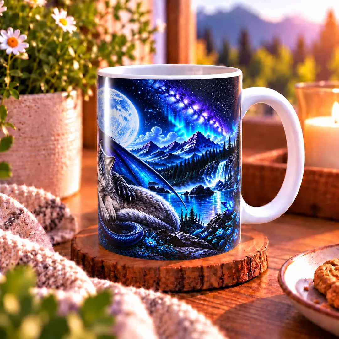 Seitenansicht der Fantasy-Tasse mit weißem Henkel, Drachenflügel und blauer Landschaft im Mondlicht