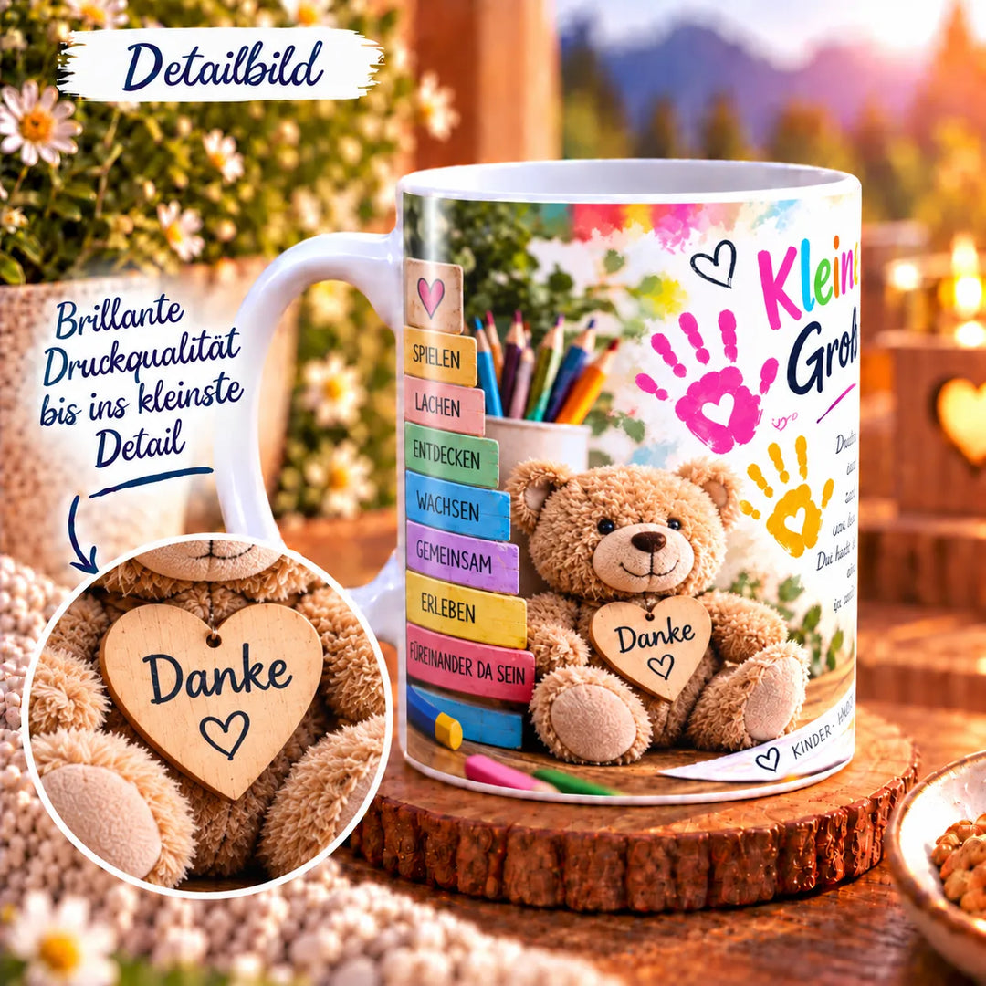 Nahaufnahme des Erzieherinnenmotivs mit Teddybär und vergrößertem Ausschnitt des Holzherzens mit Aufschrift „Danke“