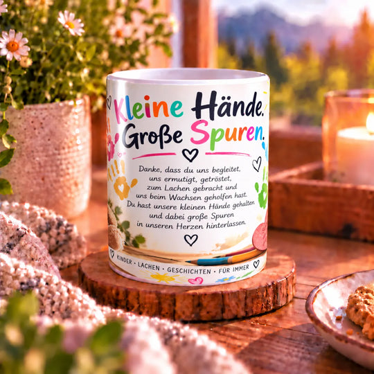 Keramiktasse für eine Erzieherin mit Aufschrift „Kleine Hände. Große Spuren.“, Dankestext und bunten Handabdrücken