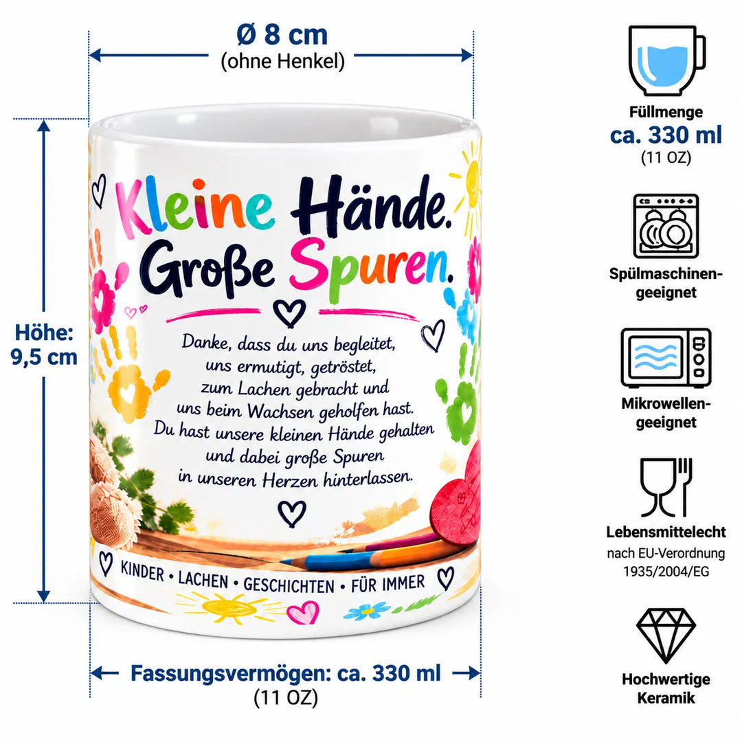 Maßübersicht der Erzieherinnen-Keramiktasse: ca. 9,5 cm Höhe, 8 cm Durchmesser und 330 ml Fassungsvermögen