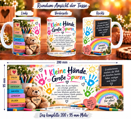 Erzieherinnen-Tasse aus drei Perspektiven und vollständiges Druckmotiv mit Dankestext, Teddybär, Regenbogen und Holzbausteinen