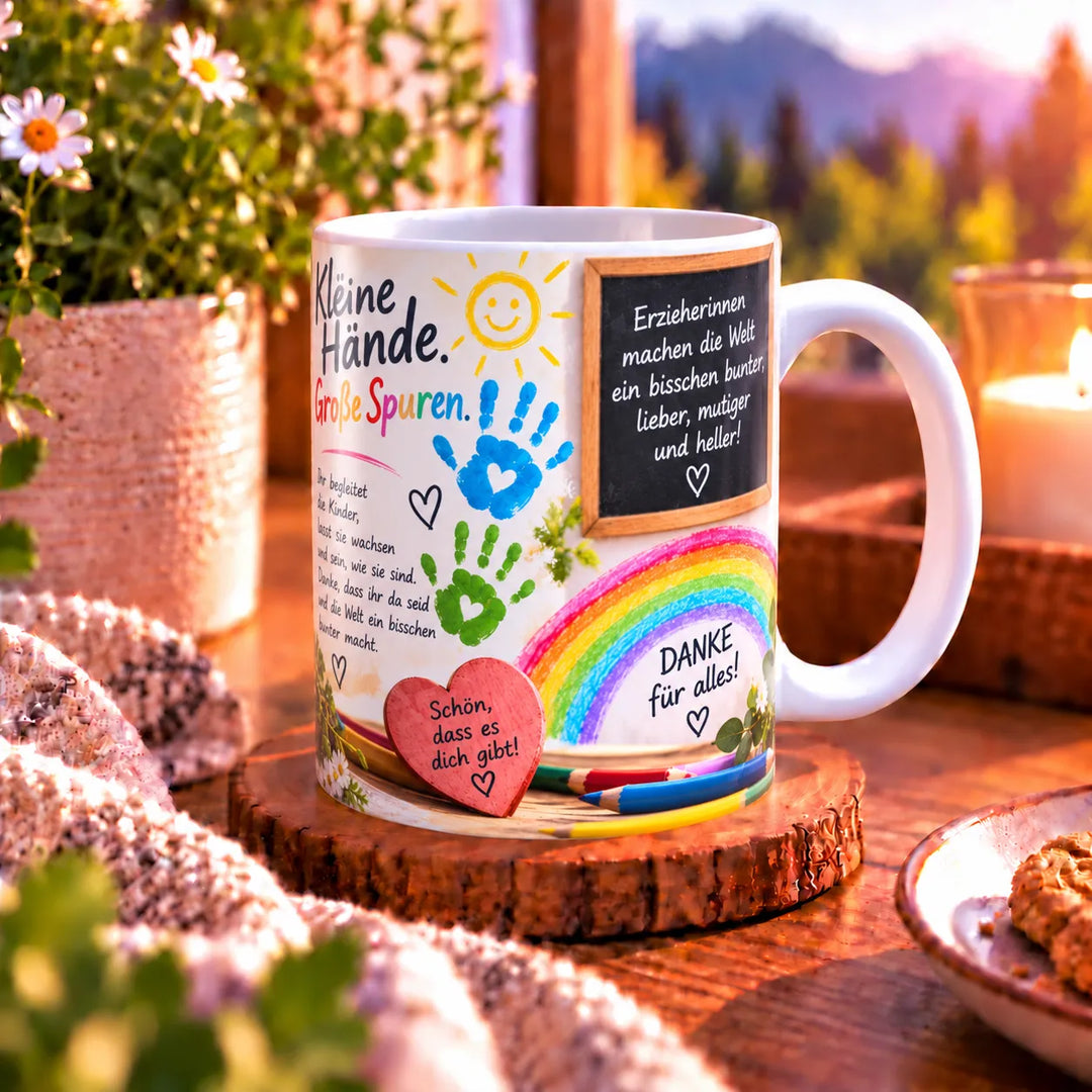 Seitenansicht der Erzieherinnen-Tasse mit weißem Henkel, bunten Handabdrücken, Regenbogen und Dankeschön-Botschaft