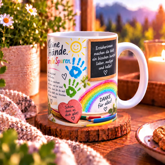 Seitenansicht der Erzieherinnen-Tasse mit weißem Henkel, bunten Handabdrücken, Regenbogen und Dankeschön-Botschaft