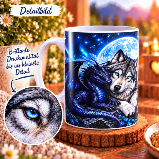 Nahaufnahme des Druckmotivs mit kleinem Drachen und Wolf sowie Details von Schuppen und Fell