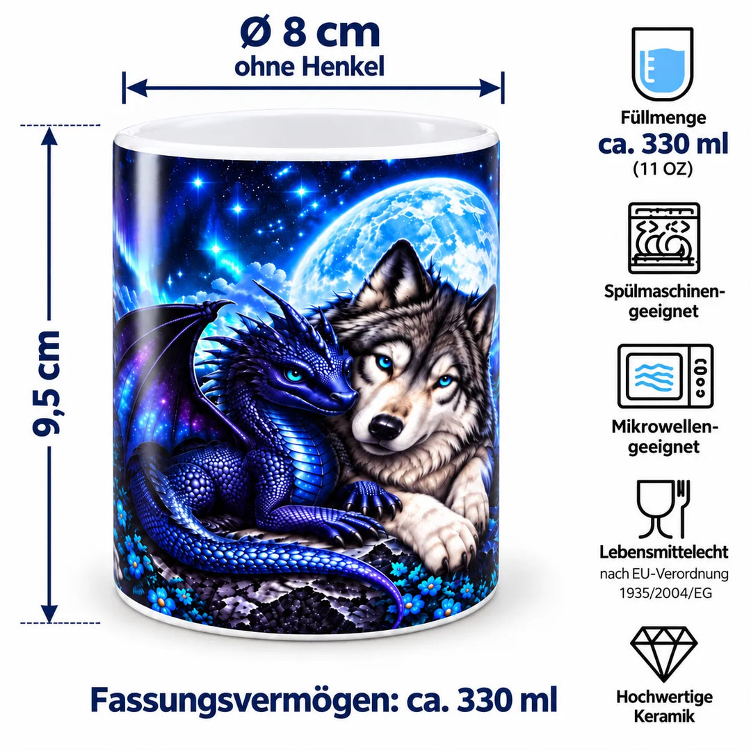 Maßübersicht der Fantasy-Keramiktasse: ca. 9,5 cm Höhe, 8 cm Durchmesser und 330 ml Fassungsvermögen