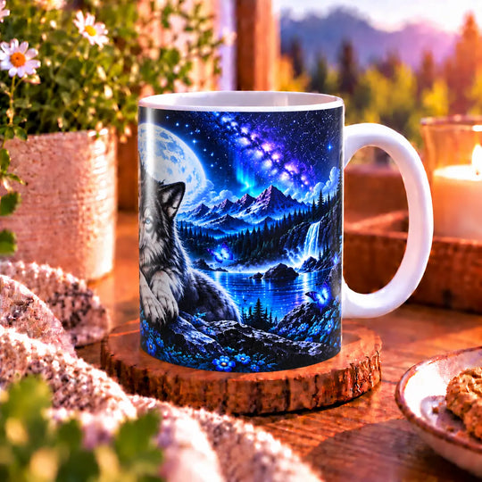 Seitenansicht der Fantasy-Tasse mit weißem Henkel und blau-violetter Landschaft mit Wasserfällen