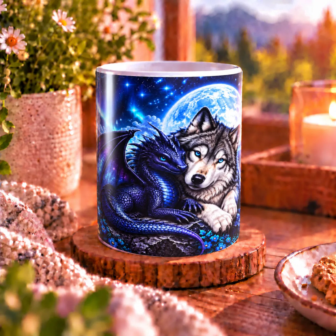 Keramiktasse mit kleinem blau-violetten Drachen und grau-weißem Wolf vor einem leuchtenden Vollmond