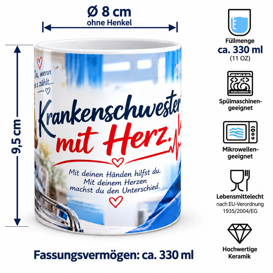 Maßübersicht der Krankenschwester-Keramiktasse: ca. 9,5 cm Höhe, 8 cm Durchmesser und 330 ml Fassungsvermögen