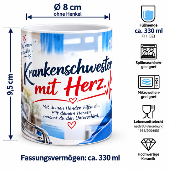 Maßübersicht der Krankenschwester-Keramiktasse: ca. 9,5 cm Höhe, 8 cm Durchmesser und 330 ml Fassungsvermögen