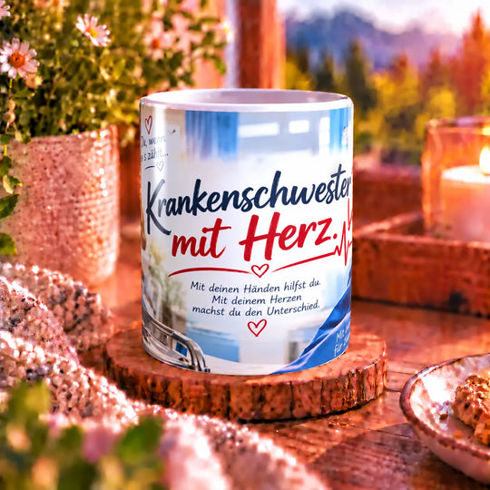 Keramiktasse mit Aufschrift „Krankenschwester mit Herz“, Pflegeillustration und roten Herzsymbolen