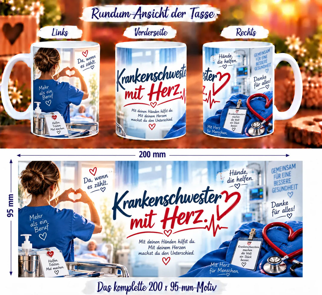 Krankenschwester-Tasse aus drei Perspektiven und vollständiges Druckmotiv mit Pflegeszene, Stethoskop und Dankeschön-Botschaften