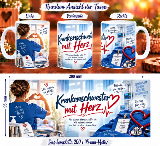 Krankenschwester-Tasse aus drei Perspektiven und vollständiges Druckmotiv mit Pflegeszene, Stethoskop und Dankeschön-Botschaften