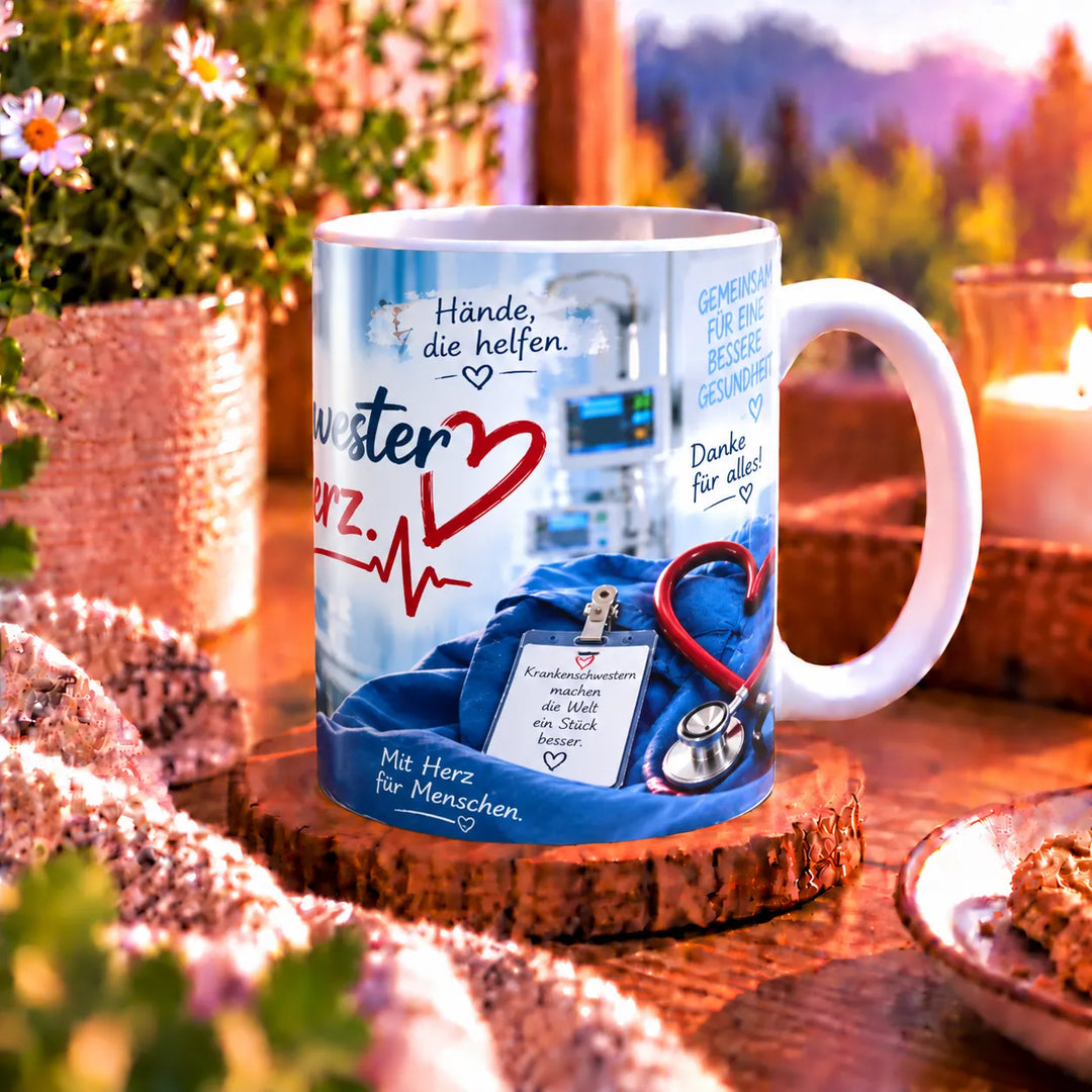 Seitenansicht der Tasse „Krankenschwester mit Herz“ mit weißem Henkel und bedrucktem Pflegemotiv