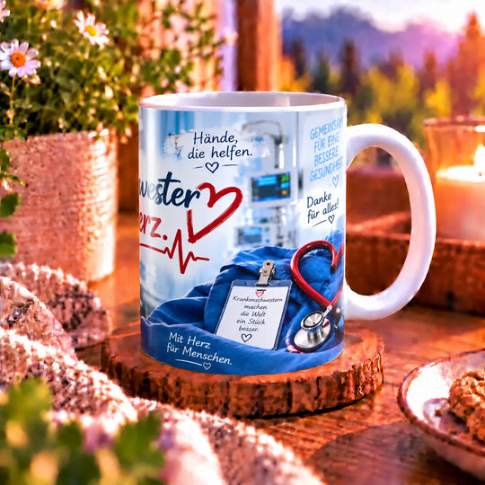 Seitenansicht der Tasse „Krankenschwester mit Herz“ mit weißem Henkel und bedrucktem Pflegemotiv