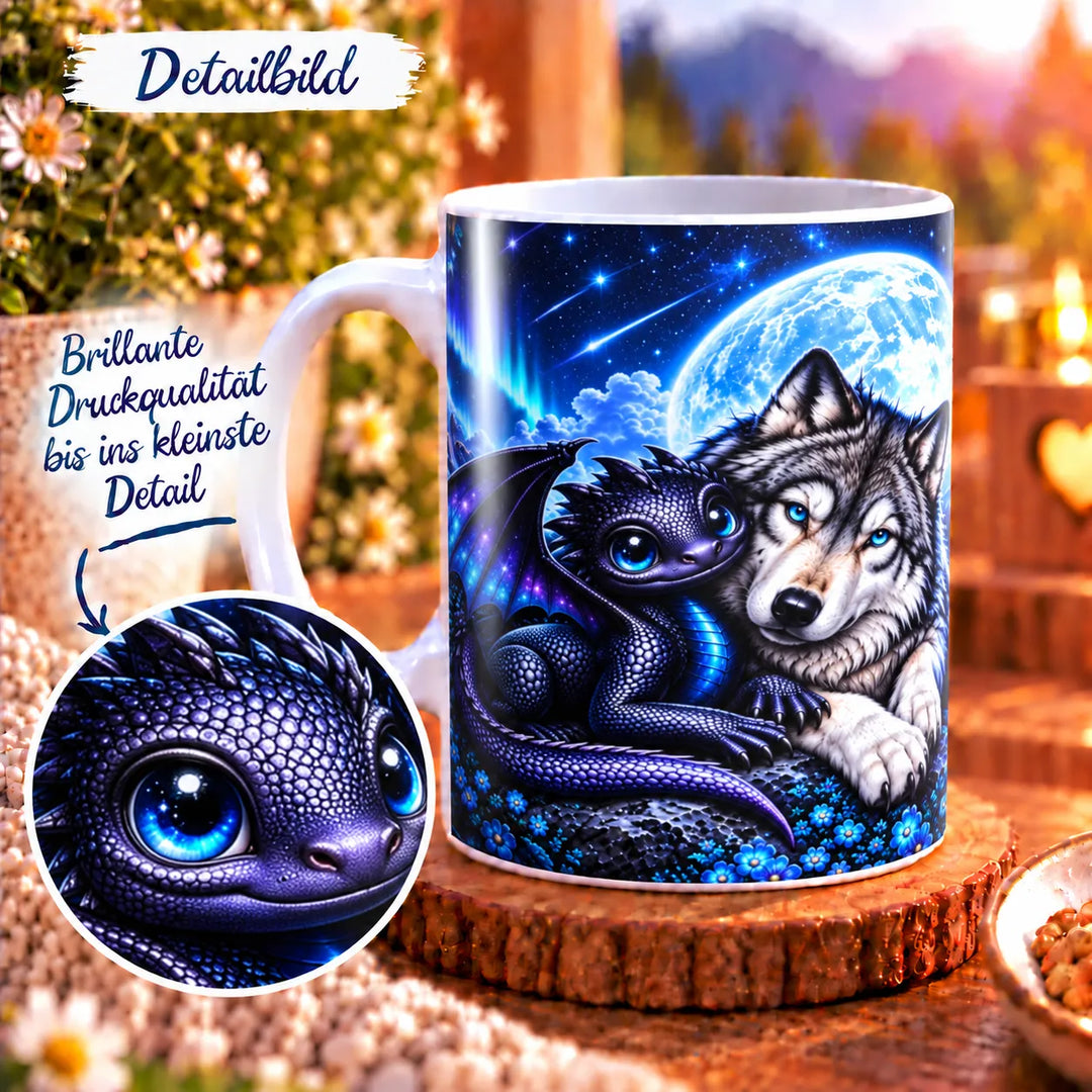 Nahaufnahme des Druckmotivs mit niedlichem Drachen und Wolf sowie Details von Schuppen und Fell