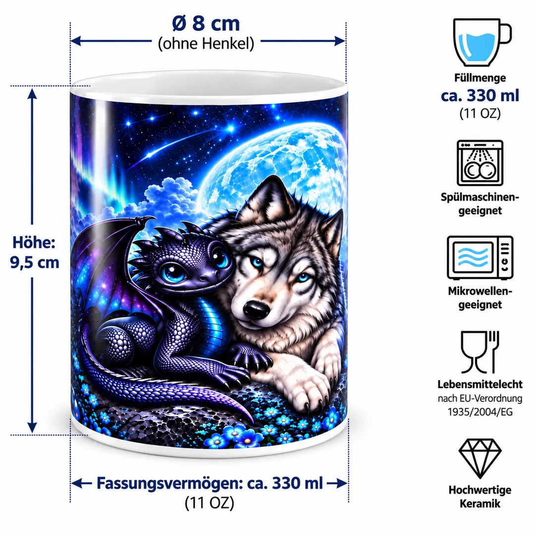 Maßübersicht der Fantasy-Keramiktasse: ca. 9,5 cm Höhe, 8 cm Durchmesser und 330 ml Fassungsvermögen