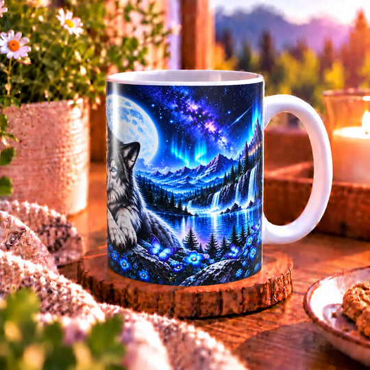 Seitenansicht der Fantasy-Tasse mit weißem Henkel und nächtlicher Landschaft mit Bergen und Wasserfällen