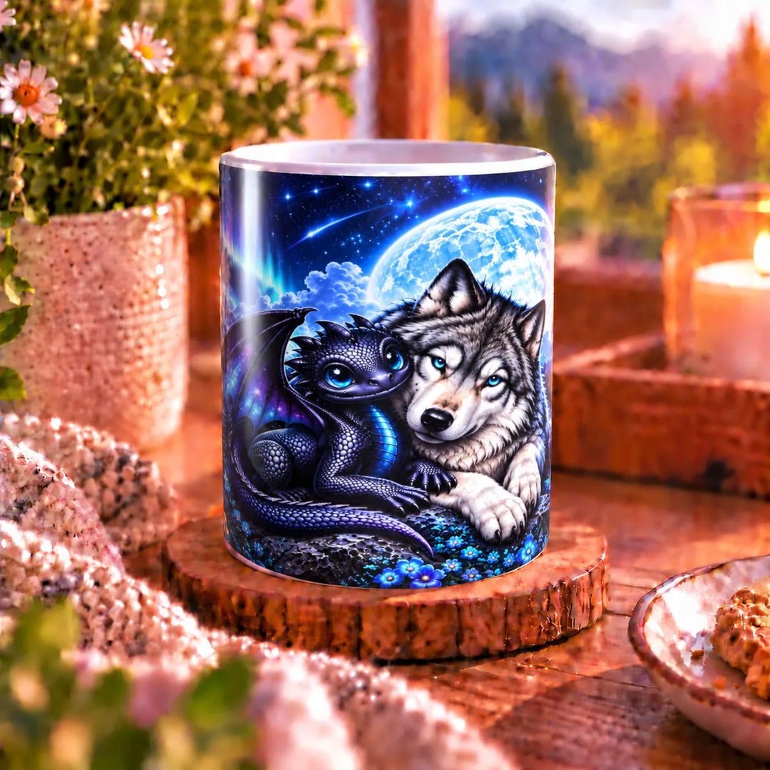 Keramiktasse mit niedlichem blau-violetten Drachen und grau-weißem Wolf vor einem leuchtenden Vollmond