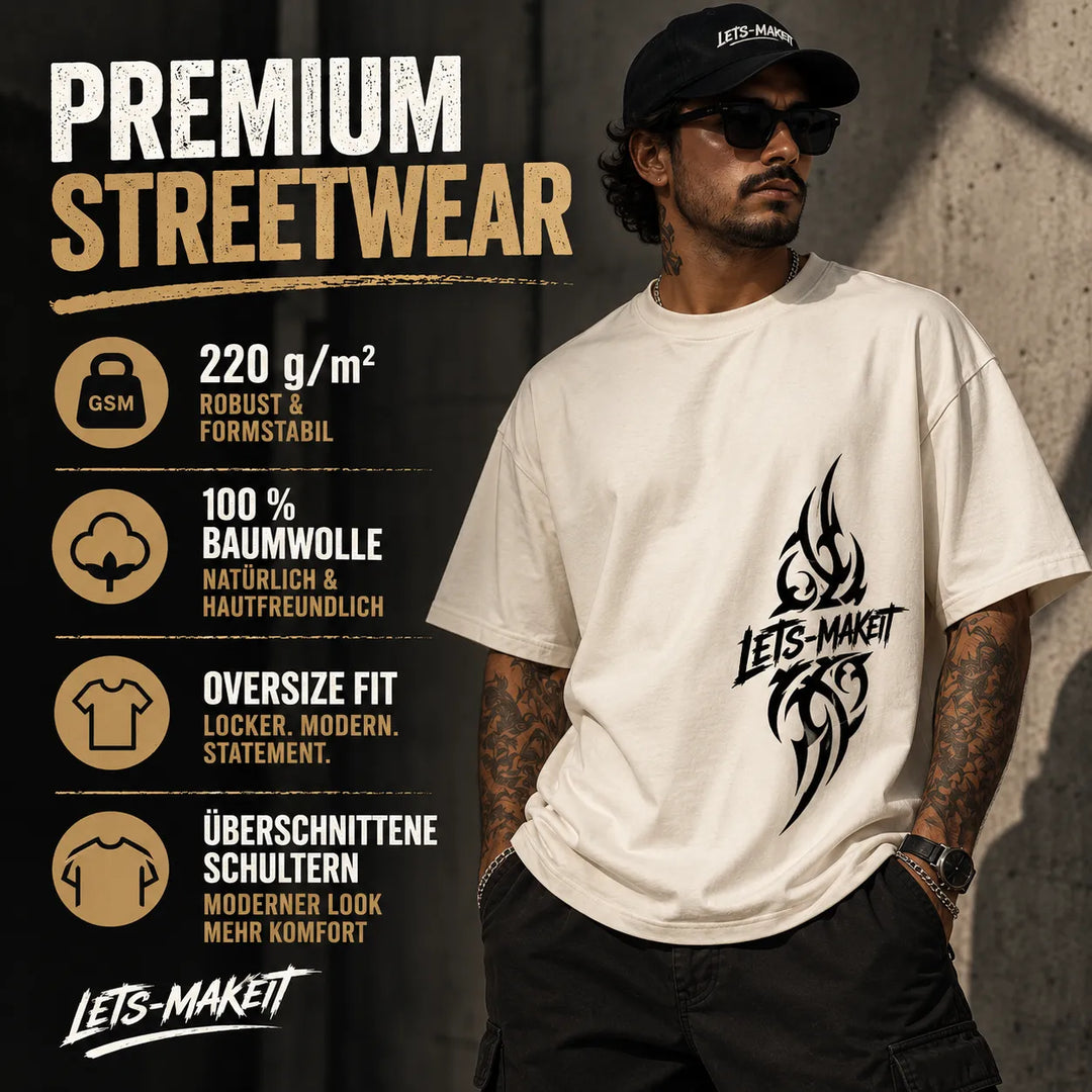 Tribal Streetwear Oversize T-Shirt mit 220 g/m² Baumwoll-Jersey und schwarzem Frontprint