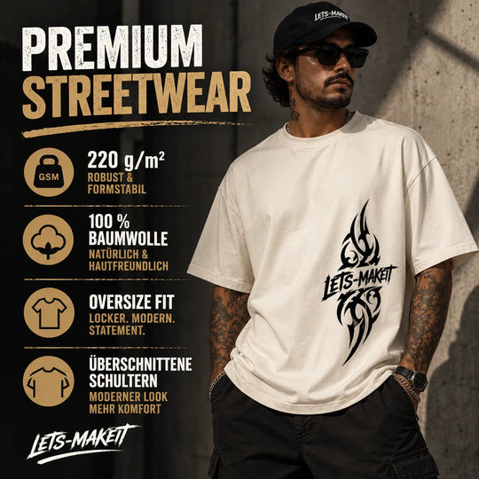Tribal Streetwear Oversize T-Shirt mit 220 g/m² Baumwoll-Jersey und schwarzem Frontprint