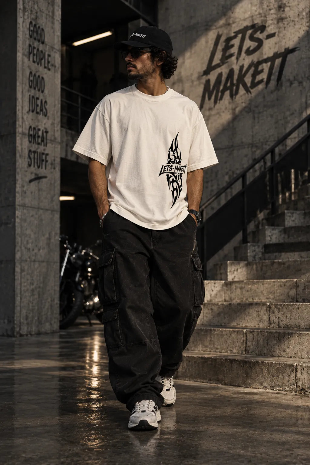 Mann trägt Tribal Streetwear Oversize T-Shirt in Coconut Milk mit schwarzem Frontprint im urbanen Streetwear-Look