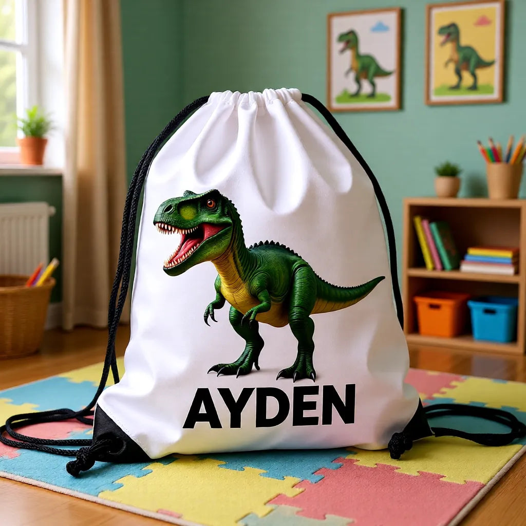 Personalisierter Turnbeutel mit Dinosaurier Motiv und Name Ayden – beliebter Sportbeutel für Kinder