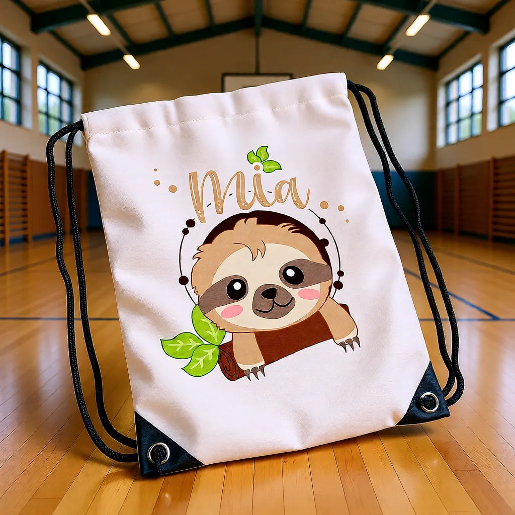 Personalisierter Turnbeutel mit Namen Mia und süßem Faultier Motiv – ideal für Kindergarten und Sport