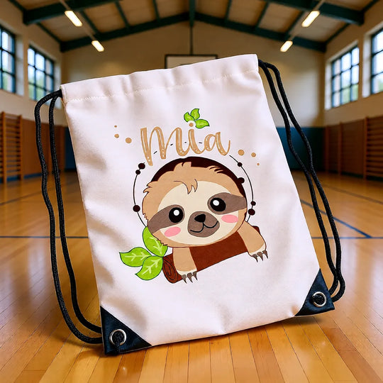 Personalisierter Turnbeutel mit Namen Mia und süßem Faultier Motiv – ideal für Kindergarten und Sport